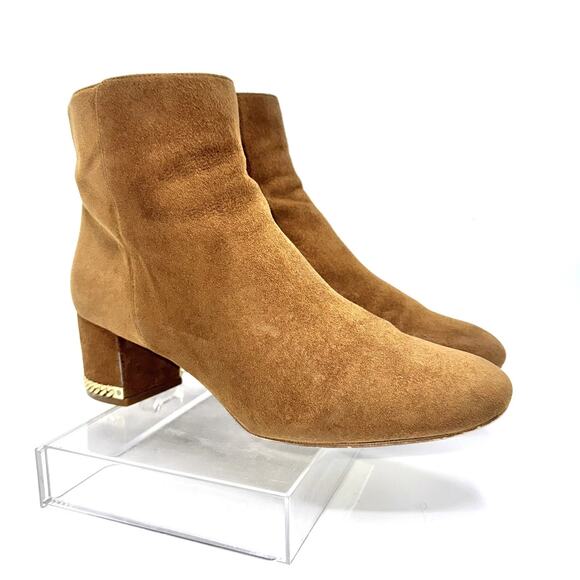 Michael Kors Sabrina Brown Suede Booties Chain Heel Detail  Fall Wardrobe Staple - Picture 1 of 16